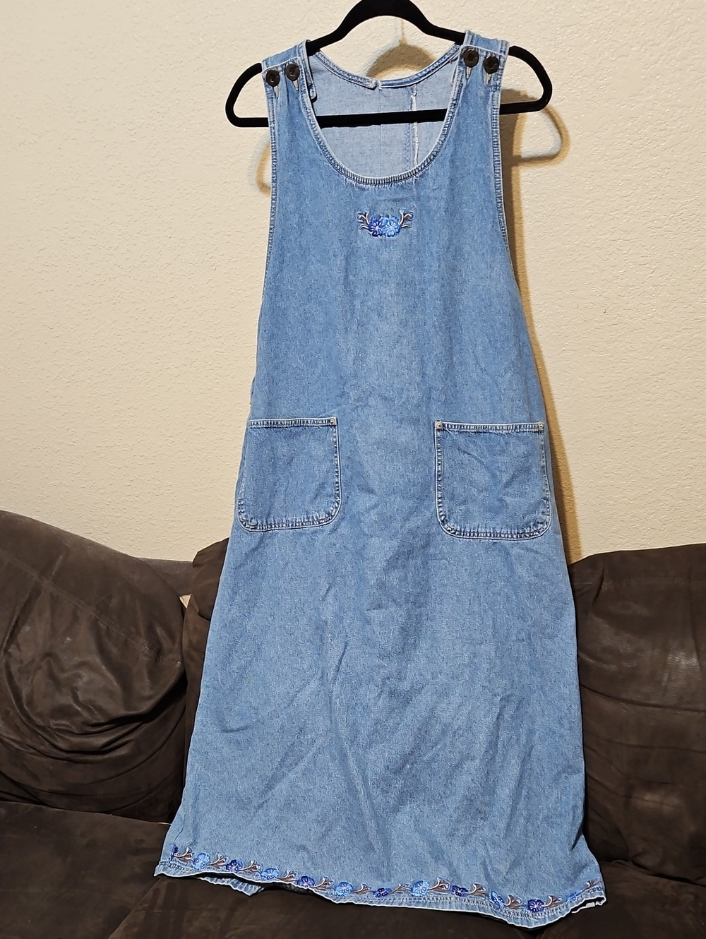 Light Blue Denim Maxi Pinafore Dress with Embroidered Hem